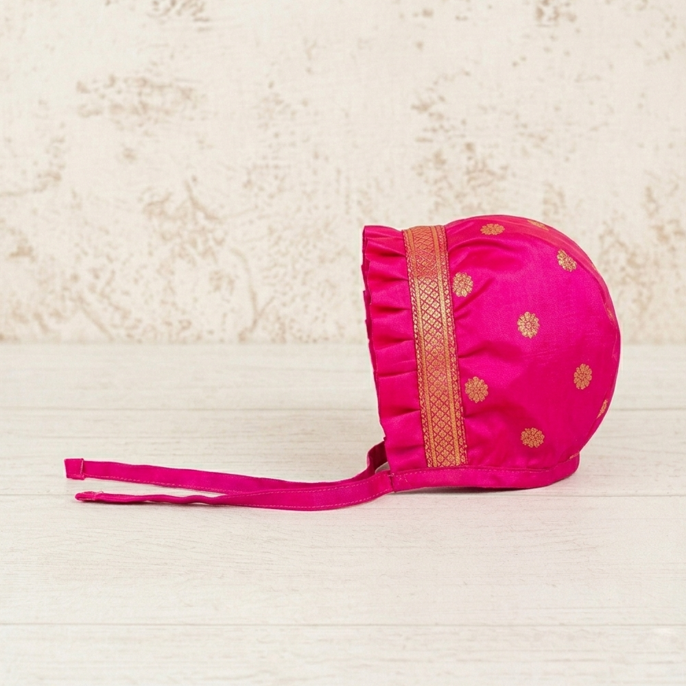Pink Paithani Semi Silk Newborn Baby Girl Dress for Naming Ceremony | Frock with Cap Hairband Mittens Booties Set