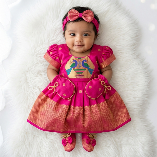Pink Paithani Semi Silk Newborn Baby Girl Dress for Naming Ceremony | Frock with Cap Hairband Mittens Booties Set