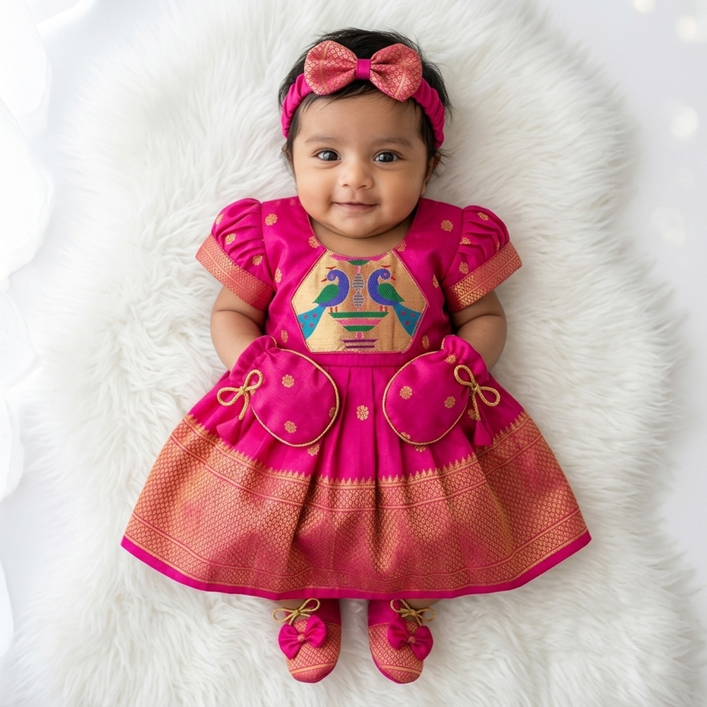 Pink Paithani Semi Silk Newborn Baby Girl Dress for Naming Ceremony | Frock with Cap Hairband Mittens Booties Set