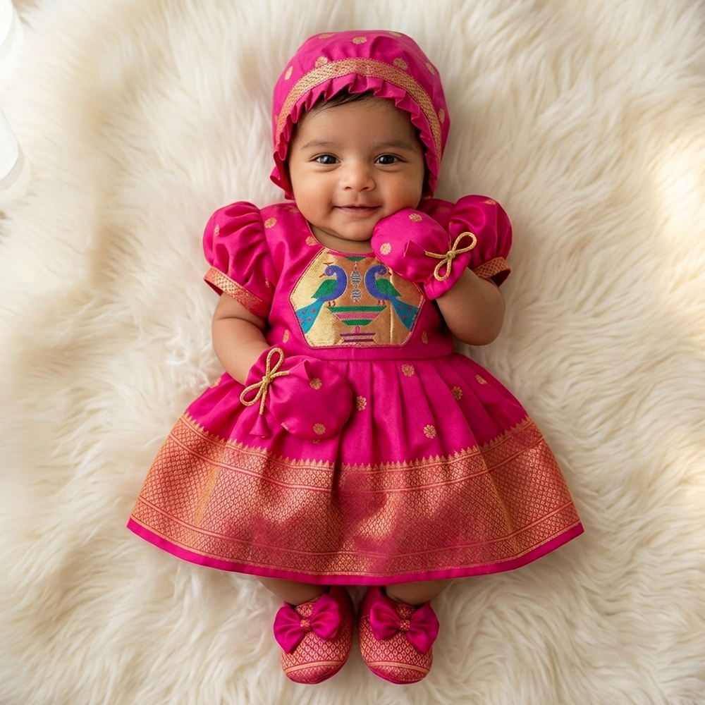 Pink Paithani Semi Silk Newborn Baby Girl Dress for Naming Ceremony | Frock with Cap Hairband Mittens Booties Set