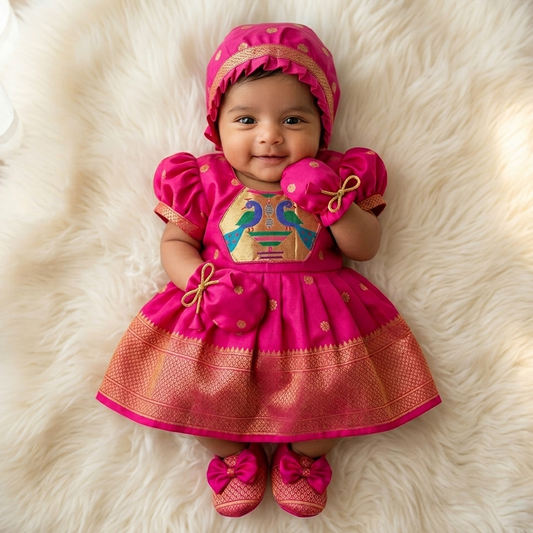 Pink Paithani Semi Silk Newborn Baby Girl Dress for Naming Ceremony | Frock with Cap Mittens Booties Set