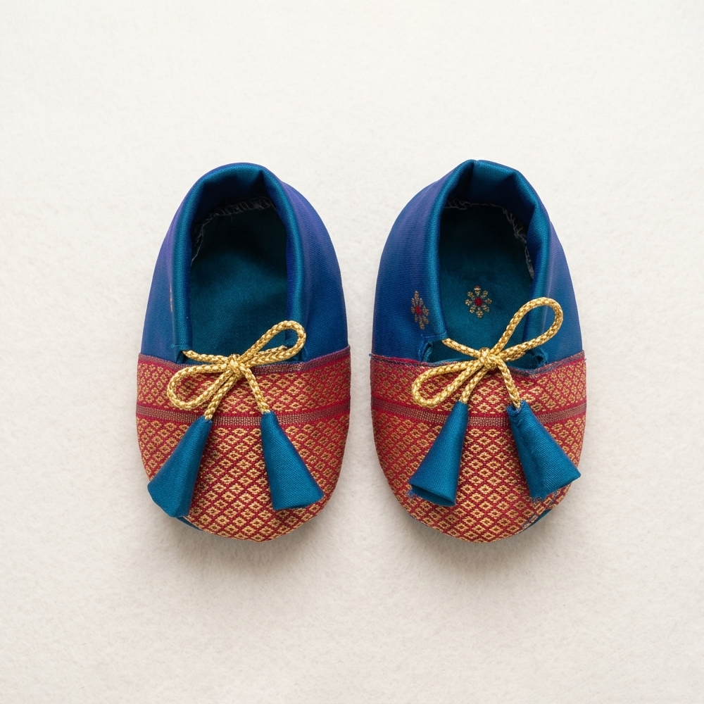 Peacock Muniya Paithani Newborn Baby Girl Dress for Naming Ceremony | Frock with Cap Mittens Booties Set