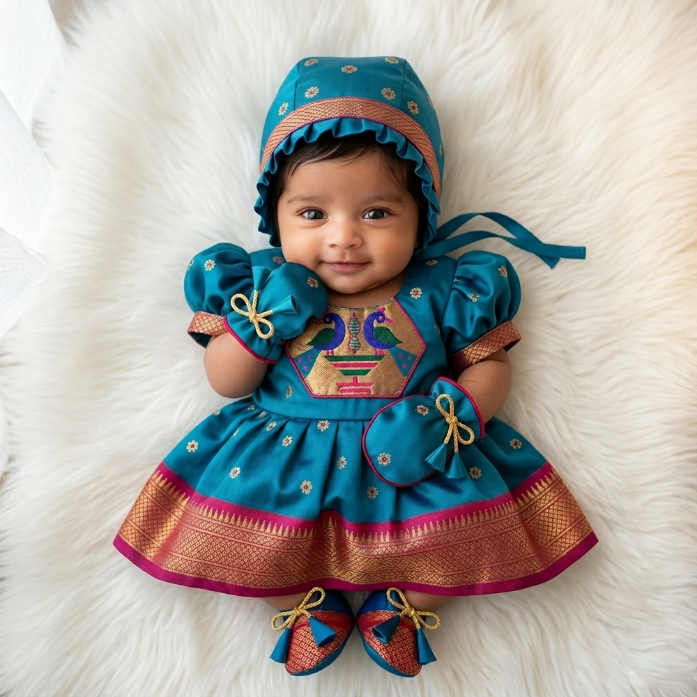 Peacock Muniya Paithani Newborn Baby Girl Dress for Naming Ceremony | Frock with Cap Mittens Booties Set