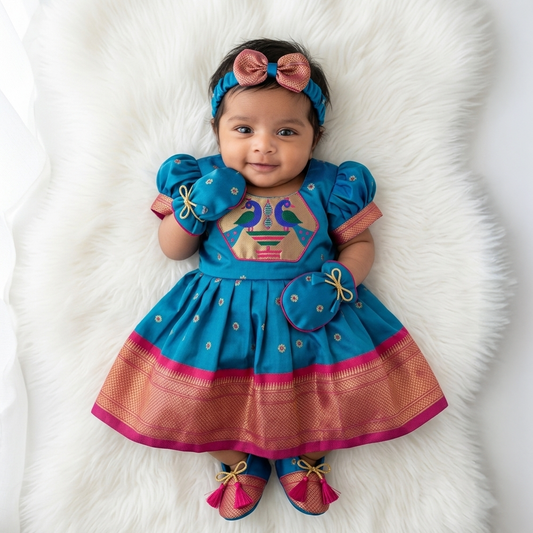 Peacock Muniya Paithani Newborn Baby Girl Dress for Naming Ceremony | Frock with Cap Mittens Booties Set