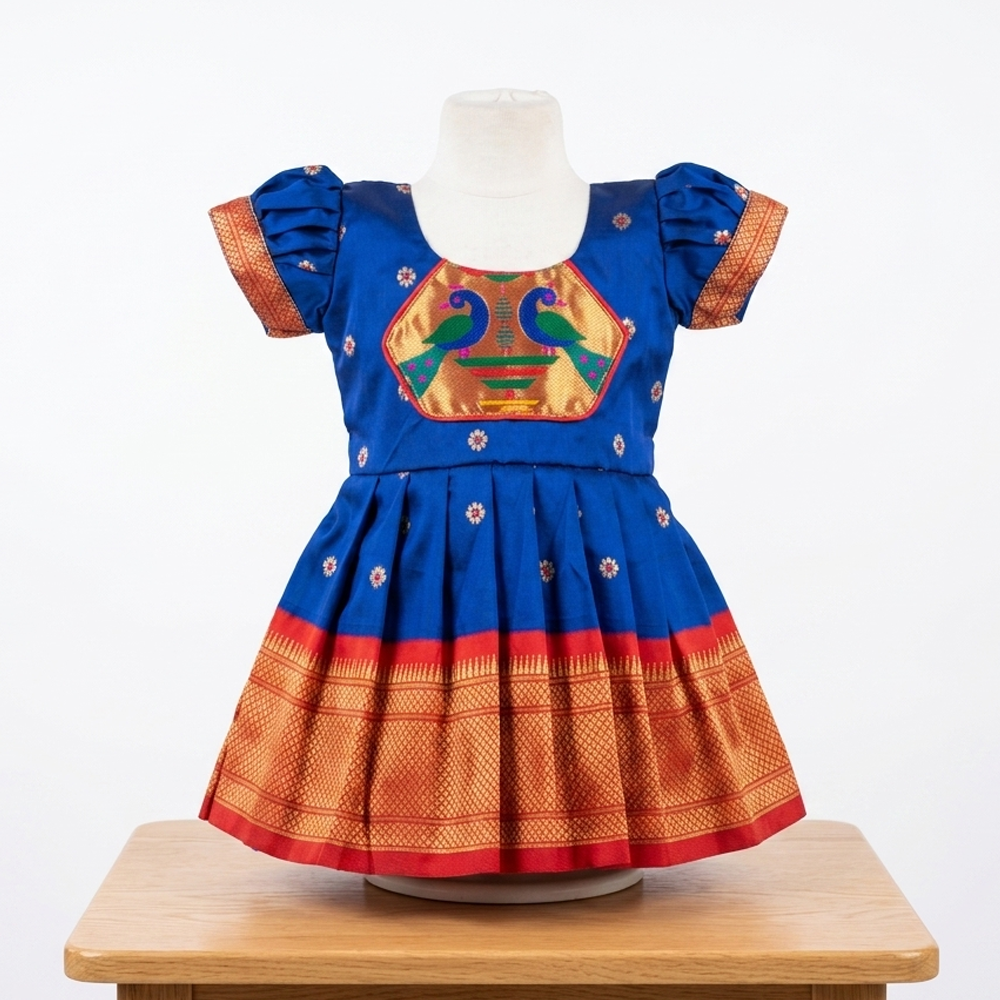 Royal blue Paithani frock for baby girls with peacock design and traditional Maharashtrian border