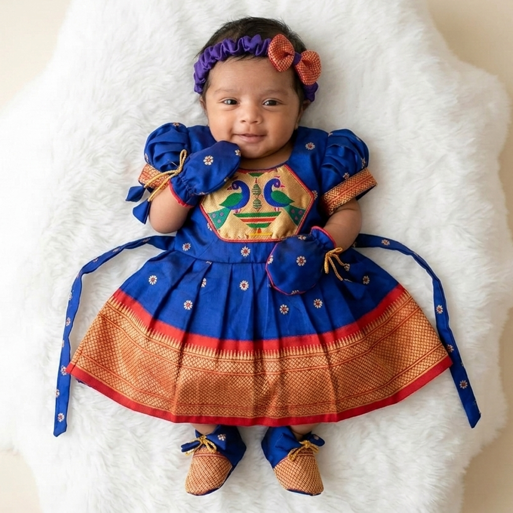 Baby girl wearing royal blue Paithani newborn dress set with matching accessories and shoes