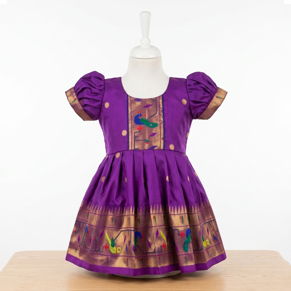 Baby girl wearing purple Paithani bonnet set with mittens and traditional silk frock
