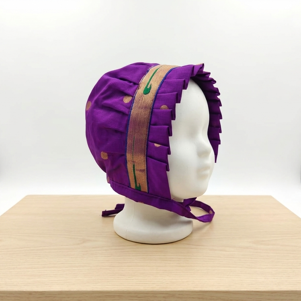 Purple Paithani Naming Ceremony Set with Cap Hairband Mittens & Booties