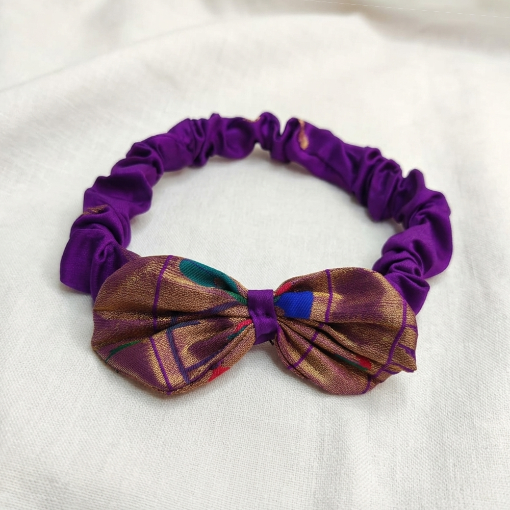 Purple Paithani baby headband with traditional bow for newborn girls festive outfit