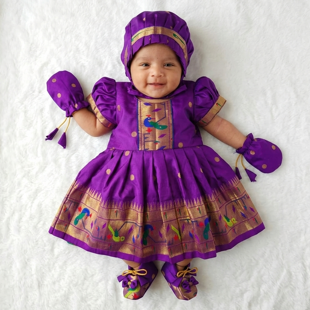 Newborn baby girl photoshoot in purple Paithani frock with bonnet mittens and booties