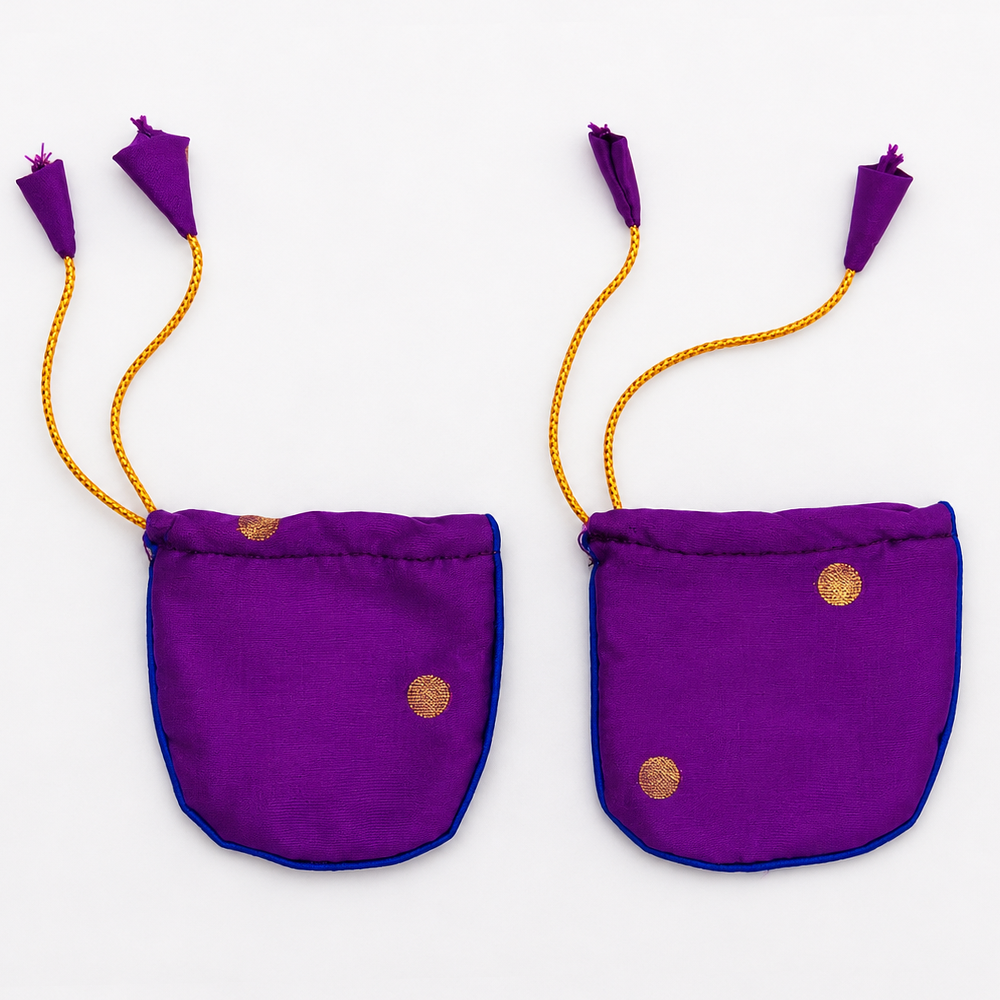 Purple Paithani newborn mittens with golden polka dots and tassel strings for baby girls