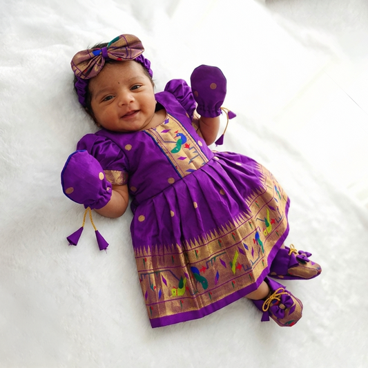 Purple Paithani Naming Ceremony Set with Cap Hairband Mittens & Booties