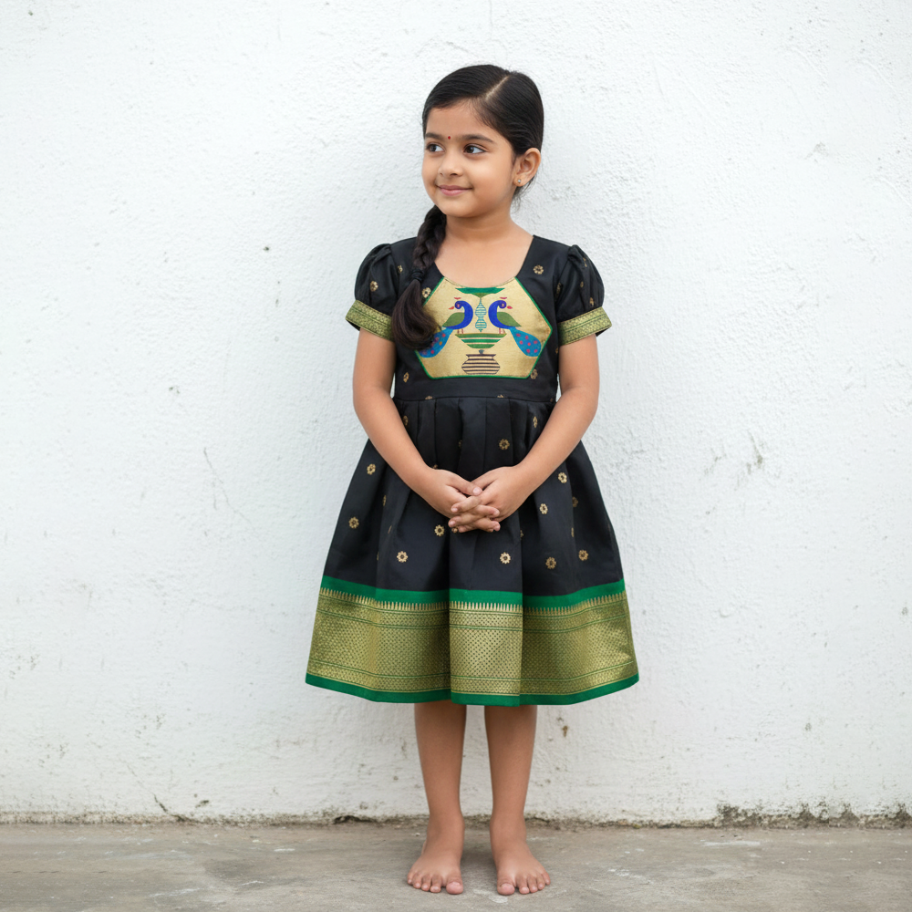 Black & Green Paithani Frock for Baby Girls | Traditional Silk Festive Dress