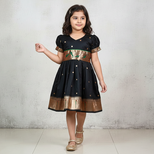 Black Muniya Paithani Frock – Traditional Festive Wear for Girls