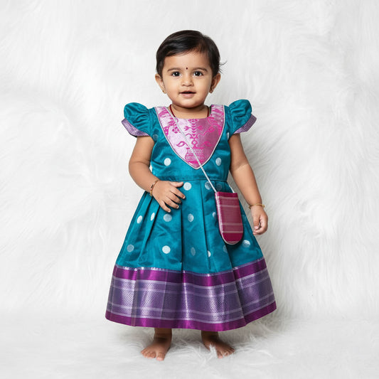 Charming Parkar Polka Frock with Potli for Kids