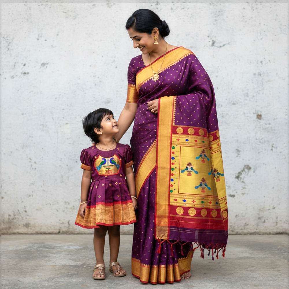Maroon Paithani Mom and Daughter Combo Set