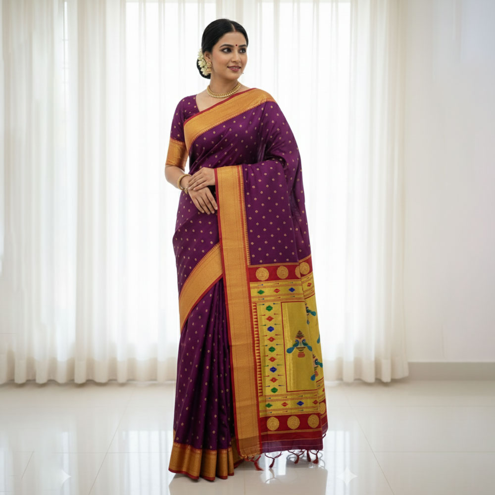 Maroon Paithani Mom and Daughter Combo Set