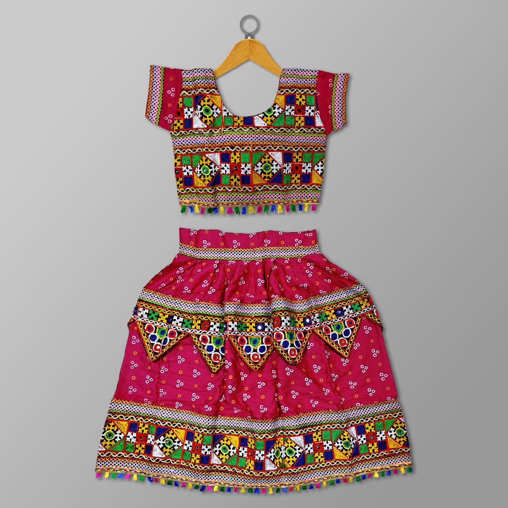 Pink Navratri Costume – Traditional Toran Design for Girls