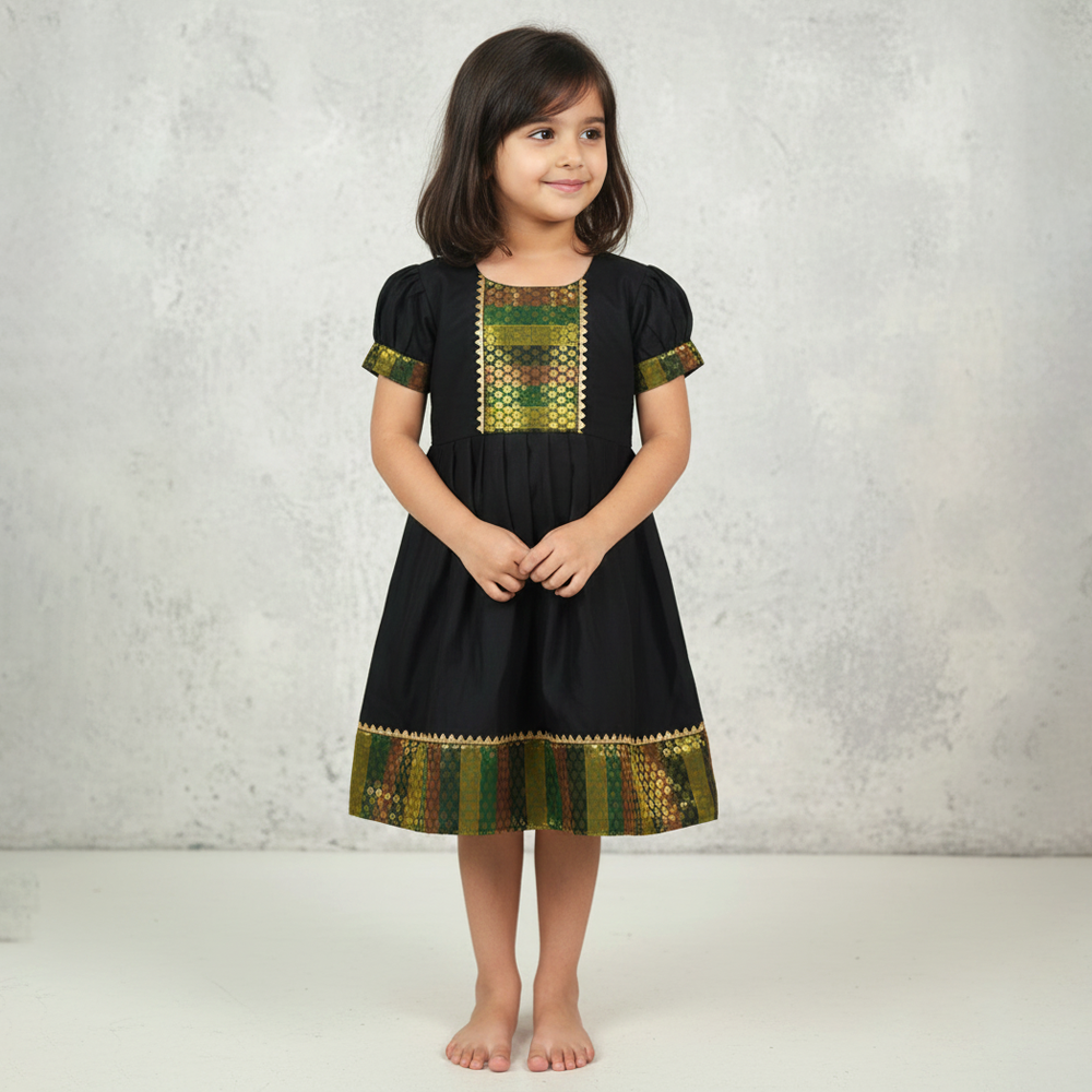 Green & Black Traditional Frock for Girls | Festive & Wedding Wear