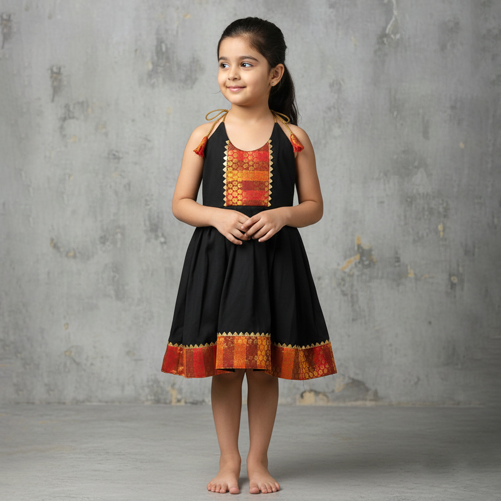Red & Black Shoulder Knot Traditional Sleeveless Frock for Girls | Ethnic Festive Wear