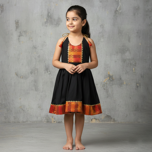 Red & Black Shoulder Knot Traditional Sleeveless Frock for Girls | Ethnic Festive Wear
