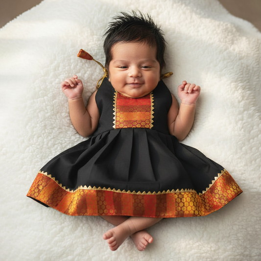 Red & Black Shoulder Knot Sleeveless Traditional Frock for Newborn Baby Girl