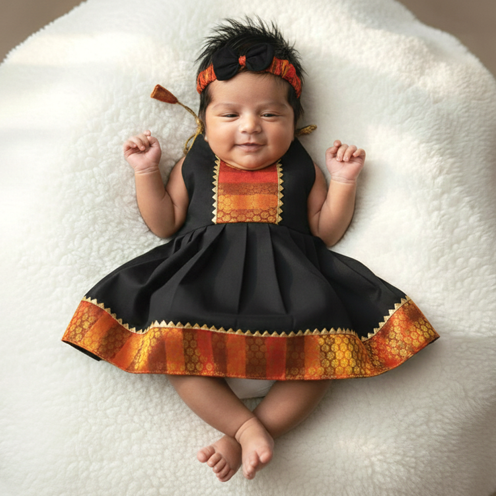 Red & Black Shoulder Knot Sleeveless Newborn Traditional Frock with Matching Hairband