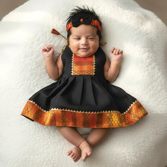 Red & Black Shoulder Knot Sleeveless Newborn Traditional Frock with Matching Hairband