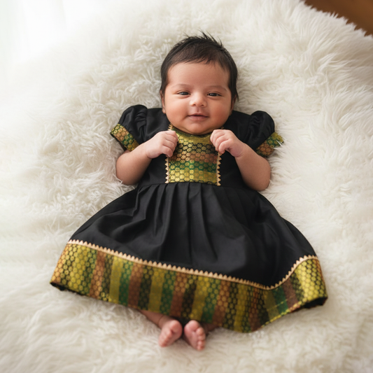 Green & Black Shoulder Knot Sleeveless Traditional Frock for Newborn Baby Girl