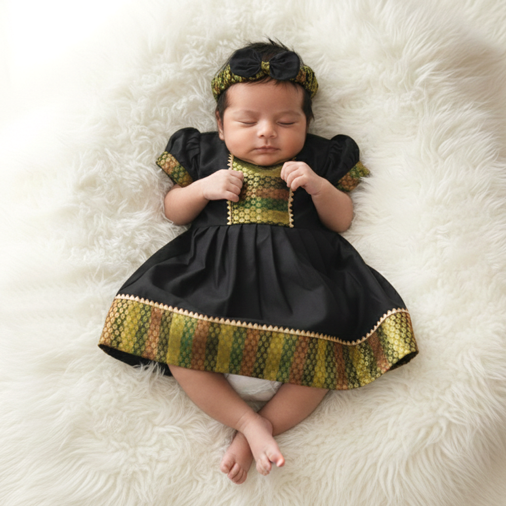 Green & Black Shoulder Knot Sleeveless Newborn Traditional Frock with Hairband