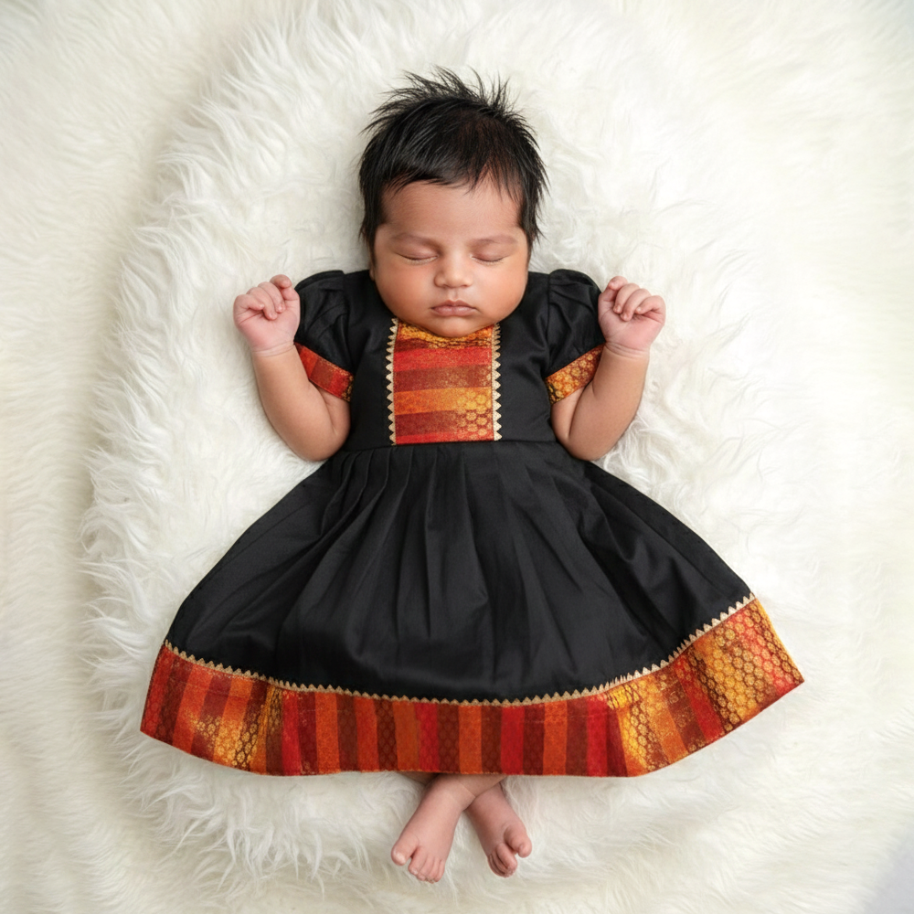 Red & Black Puff Sleeves Traditional Frock for Newborn Baby Girl | Festive Wear