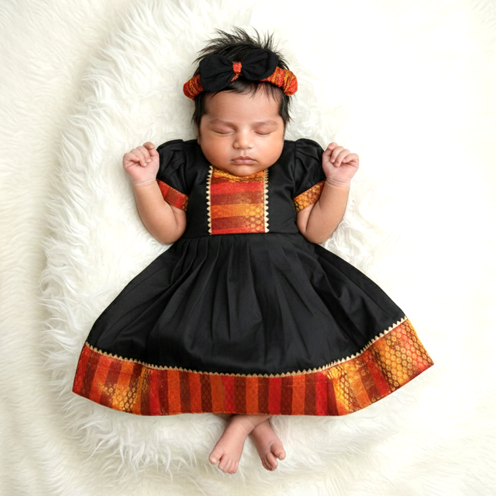 Red & Black Puff Sleeves Newborn Traditional Frock with Matching Hairband