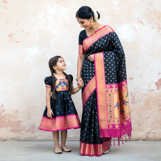 Beautiful Black Paithani Saree and Frock – Perfect Traditional Attire