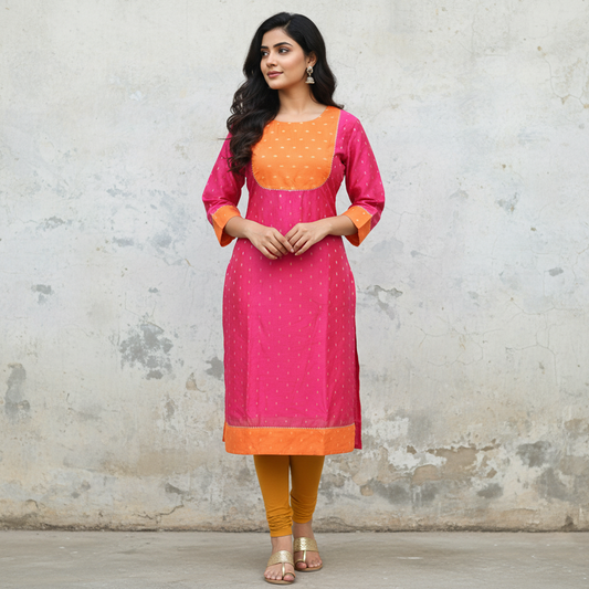Elegant Chanderi Cotton Kurti for Women in Orange and Pink