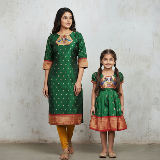 Elegant Paithani Kurti and Frock Combo in Green – Stylish Women's Ethnic Wear for Special Occasions