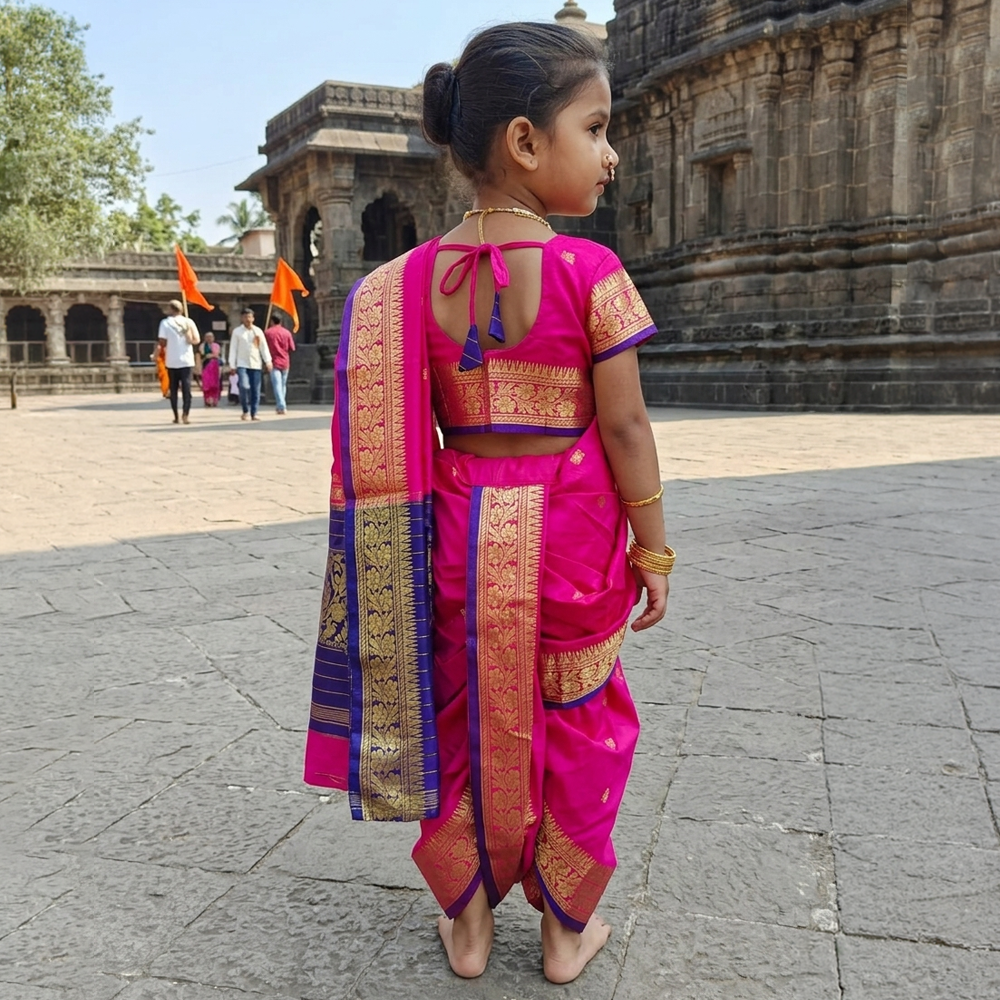 Baby girl wearing pink Nauvari saree for school traditional day
