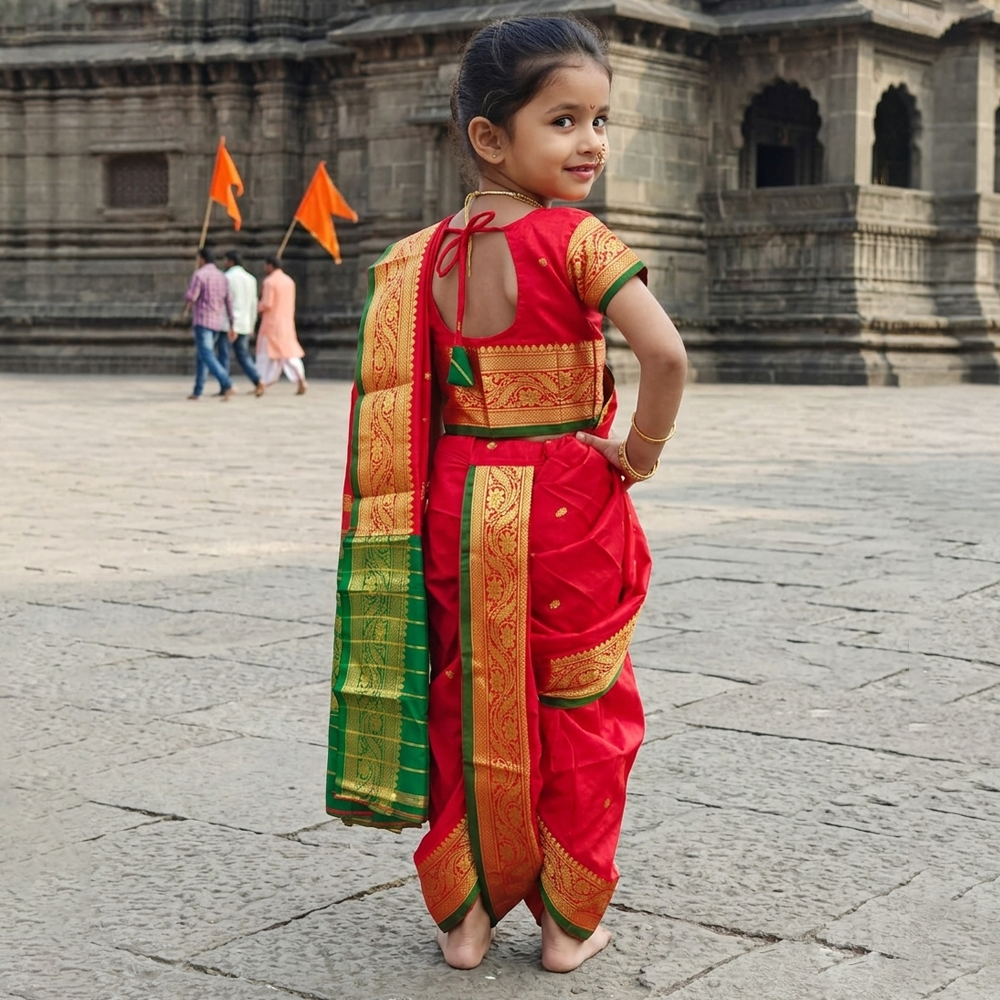 Baby girl wearing red Nauvari saree for Marathi traditional celebration