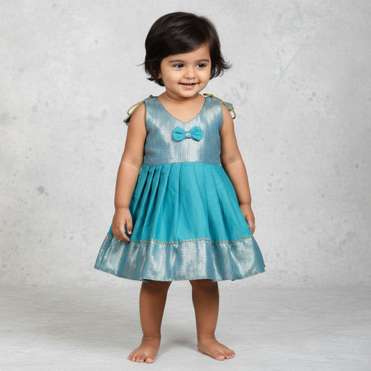 Charming Brocade Frock with Shoulder Knot for Little Girls