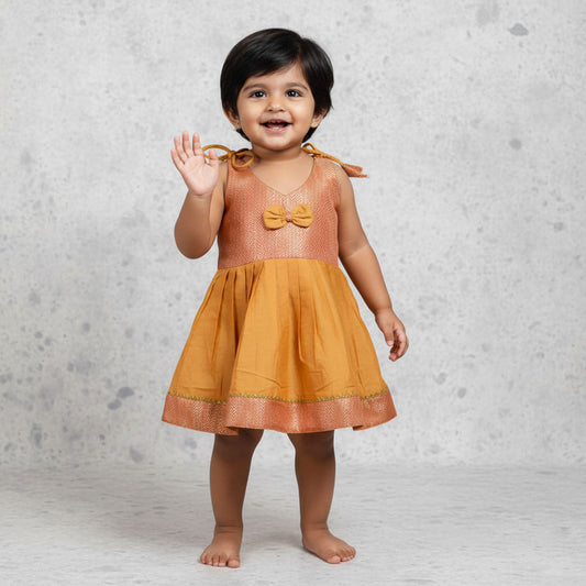 Lively Brocade Frock with Trendy Shoulder Knot - Perfect for Little Fashionistas