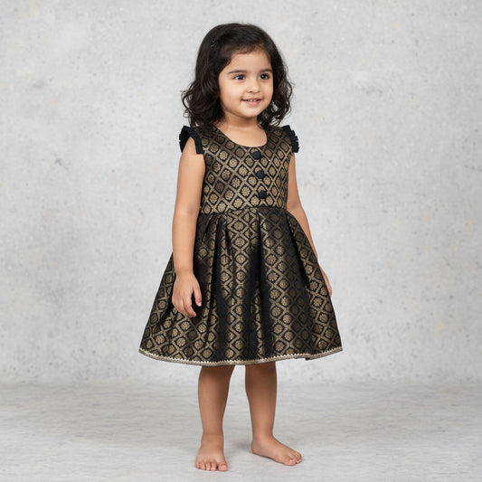 Stunning Black and Golden Fancy Brocade Sleeveless Frock for Little Girls