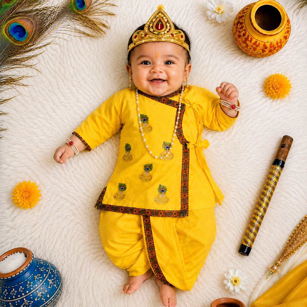 Krishna Dhoti Kurta Set for Baby Boy | Yellow Janmashtami Costume with Crown, Pearl Necklace & Flute