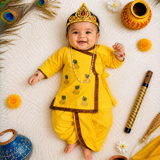 Krishna Dhoti Kurta Set for Baby Boy | Yellow Janmashtami Costume with Crown, Pearl Necklace & Flute