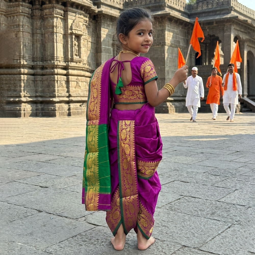 Girl wearing purple Nauvari saree for Wari festival in Kashta style