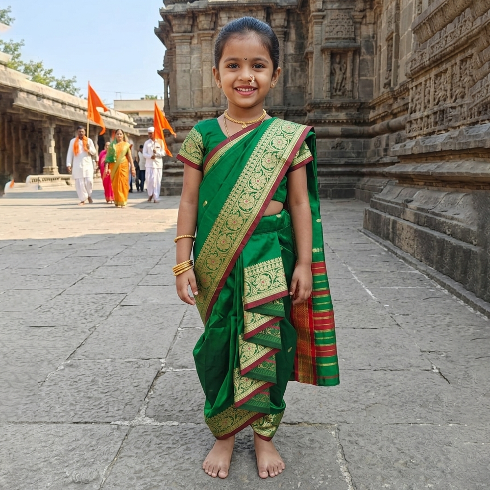 Green kids Nauvari saree for Ashadhi Ekadashi by Pakharooo, sizes 9 months to 6 years