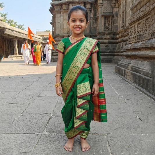Green kids Nauvari saree for Ashadhi Ekadashi by Pakharooo, sizes 9 months to 6 years