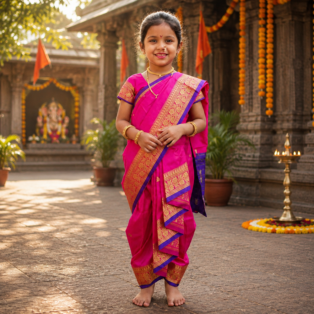 Pink kids Nauvari saree for baby girls, traditional Maharashtrian dress for weddings and family functions
