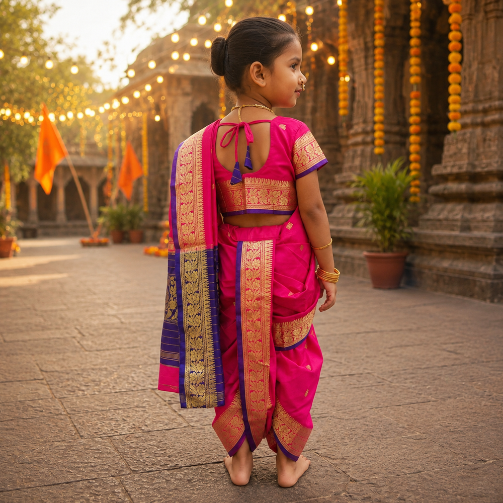 Close-up of pink Nauvari saree drape and pallu detail on kids traditional Maharashtrian saree