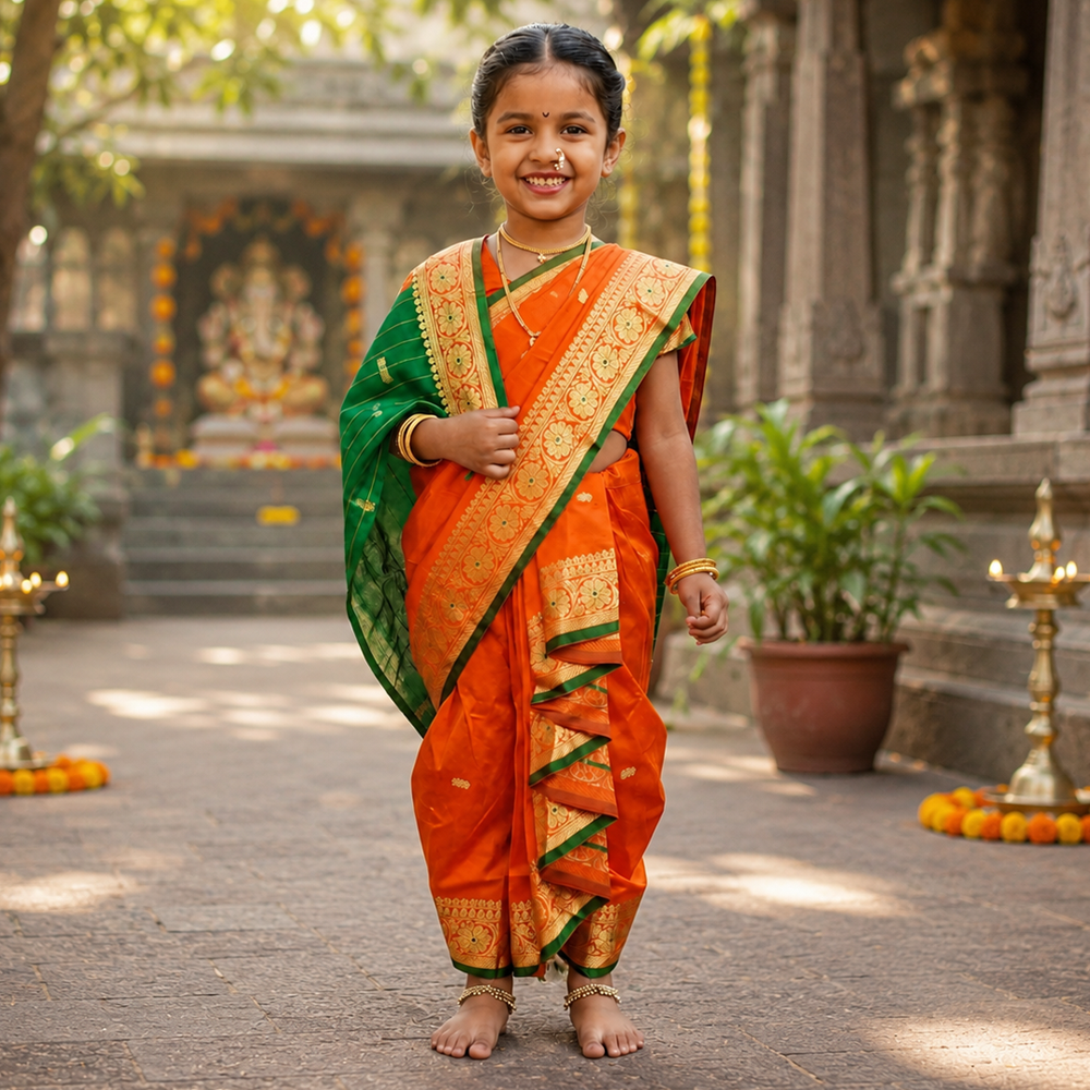 Orange kids Nauvari saree for baby girls, traditional Maharashtrian wear for Ganesh Chaturthi