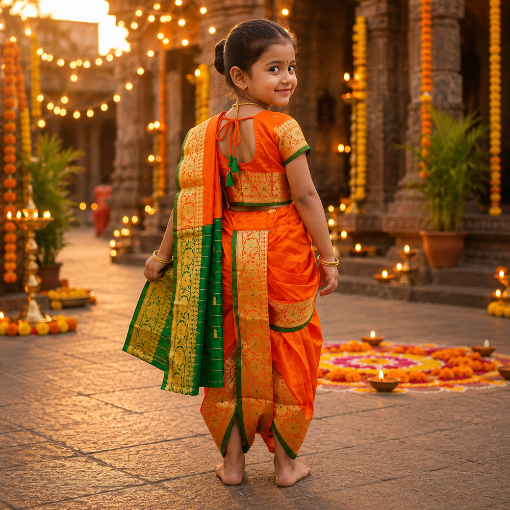 Close-up of orange Nauvari saree pallu and drape detail for kids traditional Maharashtrian saree