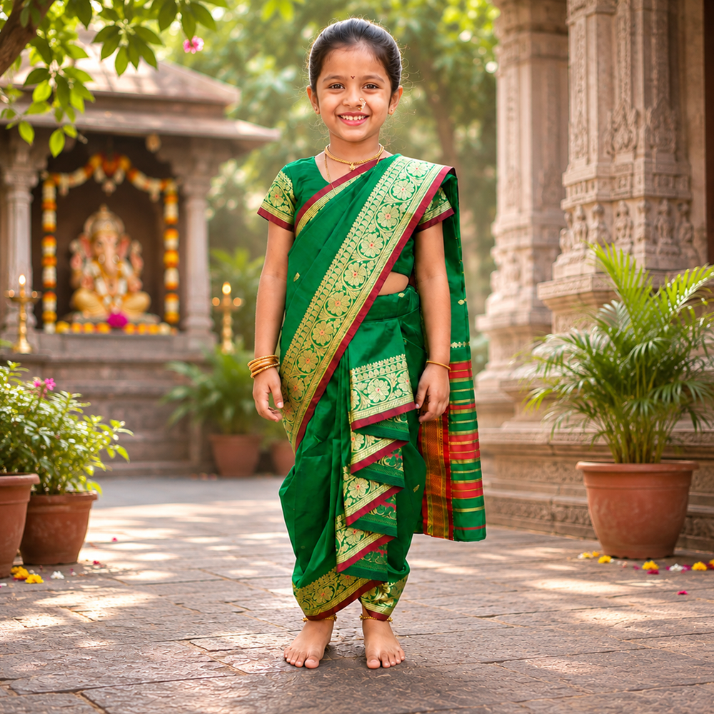 Green kids Nauvari saree for baby girls, traditional Maharashtrian drape for Gudi Padwa, sizes newborn to 6 years
